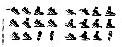 Running shoes icon set with various motion styles and speed designs