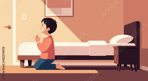 Young boy praying beside his bed in a warm sunlit room.