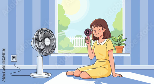 Young girl cooling off with a fan and handheld fan in a sunny room during summer.