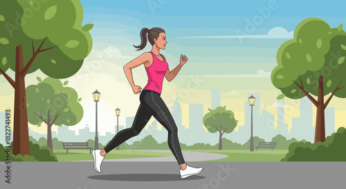 Young woman jogging in a park enjoying her morning run and staying fit.
