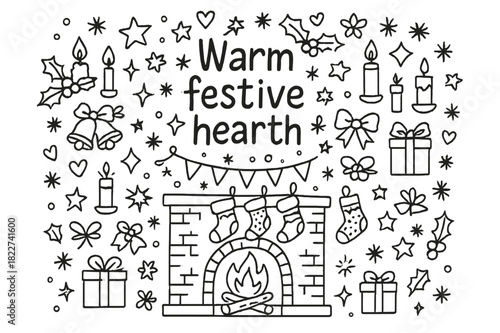 Cozy Hearth Doodle. Warm festive hearth. Hand-drawn doodle illustration of Warm festive hearth. fireplace,