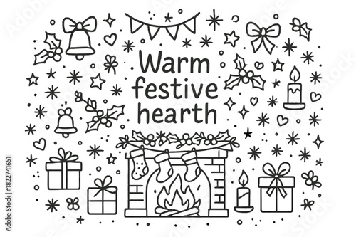 Cozy Hearth Doodle. Warm festive hearth. Hand-drawn doodle illustration of Warm festive hearth. fireplace,