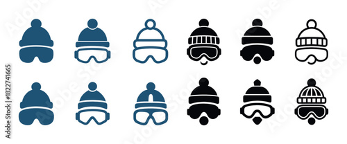 Stylized winter hats and goggles vector icons in various designs