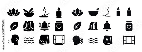 Relaxation and wellness icons: lotus, aroma, candle, zen symbols