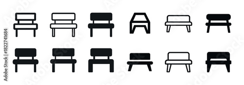 Set of black chair icons in various styles and designs