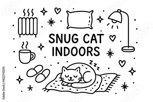Cozy Indoor Cat. Snug cat indoors. Hand-drawn doodle illustration of Snug cat indoors. curled cat, heater,