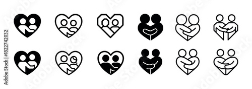 Heart icons with couples embracing in various styles and outlines