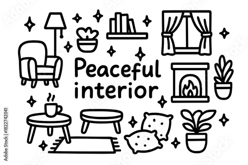 Cozy Interior Doodle. Peaceful interior. Hand-drawn doodle illustration of peaceful interior. Armchair, lamp,