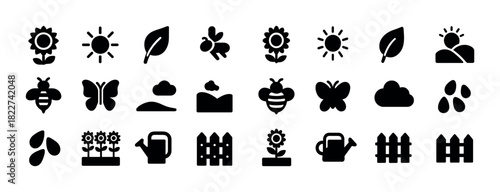 Silhouette icon set of gardening and nature elements