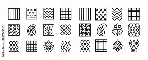 Collection of geometric and floral patterns in black and white icons