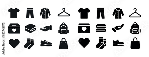 Set of fashion and charity icons: clothing, accessories, and donation symbols