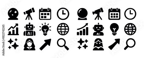 Black silhouette icons: telescope, ai robot, calendar, globe, magnifying glass