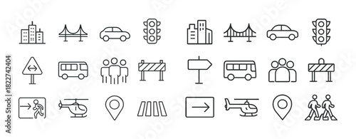 Urban transport icons: buildings, bridges, cars, traffic lights, buses, helicopters, pedestrians