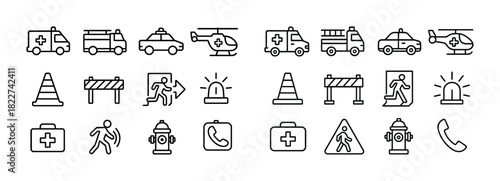 Emergency and safety icon set featuring ambulance, police, and fire services