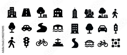 Urban icon set: buildings, roads, trees, cars, bicycles, traffic lights, pedestrians
