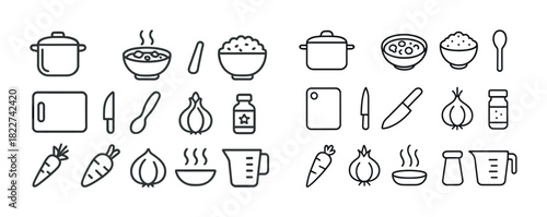 Kitchen utensils and ingredients line icons for cooking