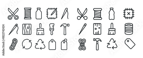 Set of sewing and craft line icons including scissors, thread, needle, paintbrush, hammer, and tags
