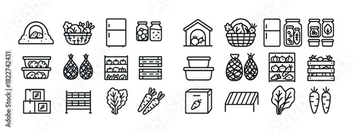 Line icons of food storage methods including refrigeration and preservation