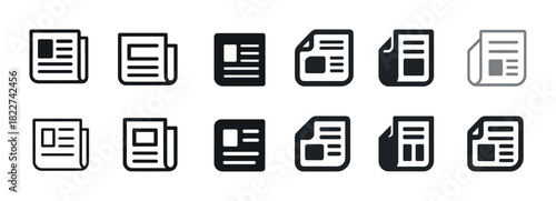 Monochrome newspaper icons set: minimalistic media symbols in black and white
