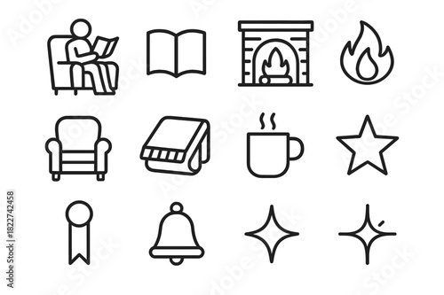 Cozy Reading Icons. Reading a Book by the Fire. Line outline icon set of Reading a Book by the Fire: person