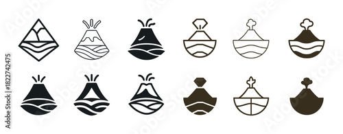 Set of twelve minimalist volcano and mountain icons in black and brown