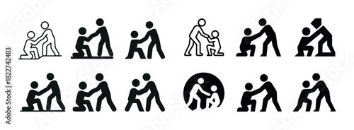Various black and white stick figure icons depicting helping actions