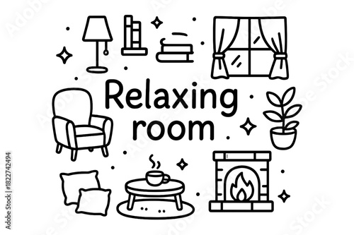 Cozy Room Doodle. Relaxing room. Hand-drawn doodle illustration of relaxing room. Armchair, lamp, bookshelf,
