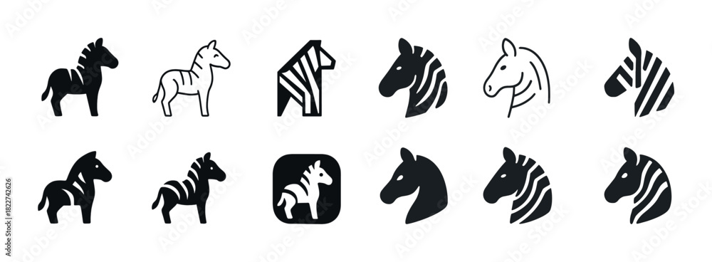 Obraz premium Collection of zebra icons and silhouettes in various styles