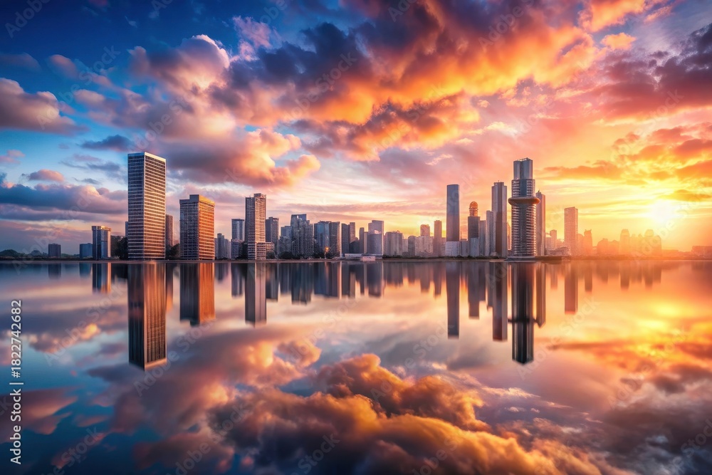 Fototapeta premium A Vibrant Metropolis at Dawn Golden Hues Reflecting on Calm Waters, Skyscrapers Silhouetted Against a Dramatic Sunrise Sky