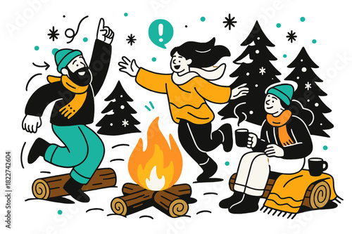 Cozy Snowy Campfire. Snowy campsite. Fire burning brightly with logs around for sitting, blankets and mugs