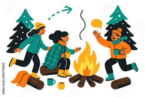 Cozy Snowy Campfire. Snowy campsite. Fire burning brightly with logs around for sitting, blankets and mugs