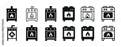 Collection of stove and oven icons in various styles and formats