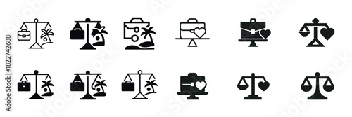 Set of minimalist balance icons: work and life symbols with suitcases and hearts