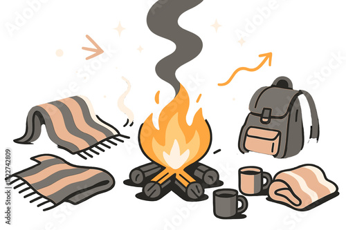 Cozy Winter Campfire. Snowy warmth. Campfire flickering with blankets, mugs, and a backpack nearby, smoke