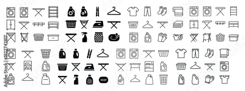 Laundry icons set: washing machine, iron, detergent, clothes hangers, baskets