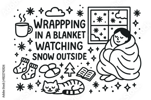Cozy Winter Doodle. Wrapping in a blanket watching snow outside. Hand-drawn doodle illustration of wrapping in