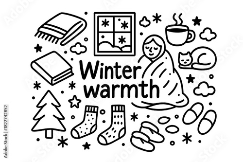 Cozy Winter Doodle. Winter warmth. Hand-drawn doodle illustration of winter warmth. Blanket, person, steaming