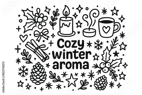 Cozy Winter Doodle. Cozy winter aroma. Hand-drawn doodle illustration of cozy winter aroma. Candles, cinnamon