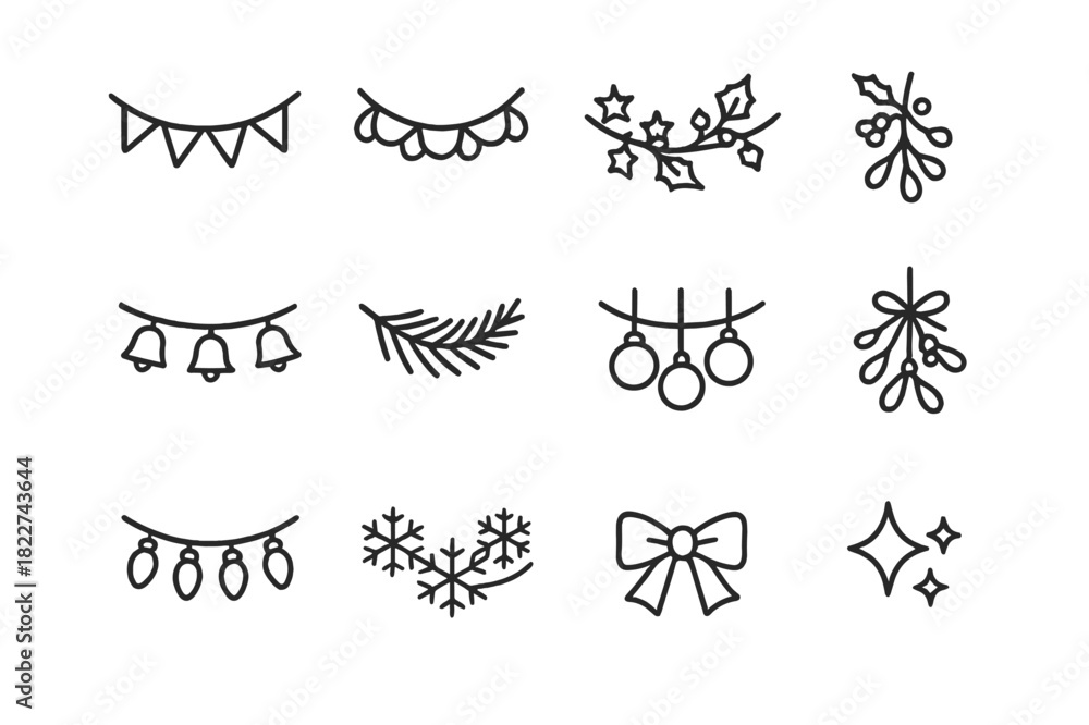 Fototapeta premium Decorative Garland Icons. Decorative Garlands. Line outline icon set of Decorative Garlands: string garland,