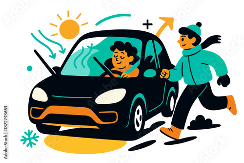 Defrosting Car Scene. Defrosting car. Windshield wipers half-raised, windows clearing as the heater hums