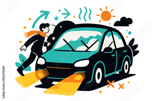 Defrosting Car Scene. Defrosting car. Windshield wipers half-raised, windows clearing as the heater hums