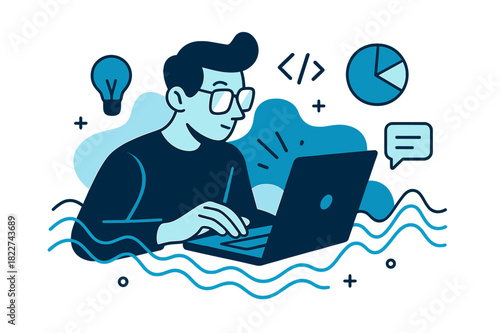 Digital Creativity Unleashed. Digital Focus. Minimal figure working on laptop, glowing screen reflecting in