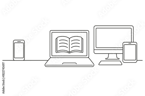 Digital Library Minimalism. Library Access. Minimalistic one-line drawing multiple devices accessing online