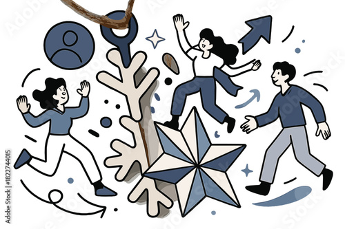 Dynamic Ornament Design. Ornament close-up. Macro view of a wooden snowflake and folded paper star tied with