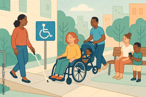 Colorful illustration of diverse individuals navigating an accessible urban sidewalk with ramps and mobility aids.