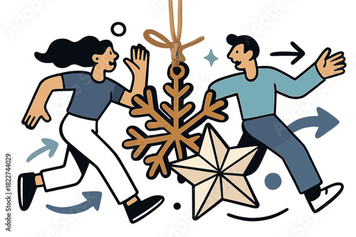 Dynamic Ornament Design. Ornament close-up. Macro view of a wooden snowflake and folded paper star tied with