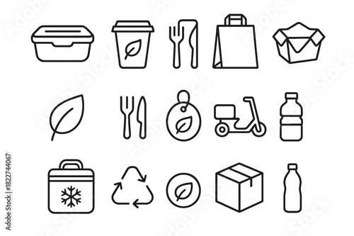 Eco Packaging Icons. Eco packaging essentials. Line outline icon set of eco packaging essentials: reusable