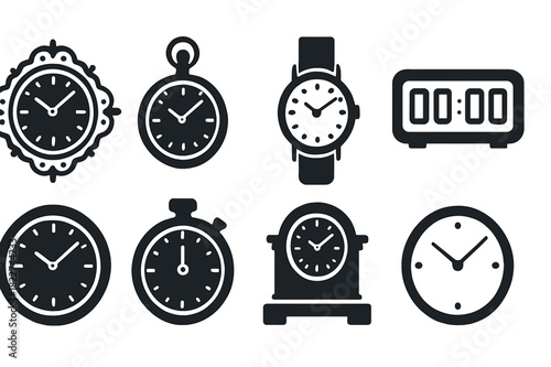Elegant Clock Icons. Elegant clocks. Filled icon set of elegant clocks: ornate clock face, pocket watch,