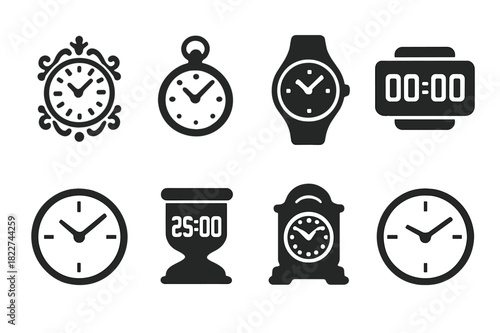 Elegant Clock Icons. Elegant clocks. Filled icon set of elegant clocks: ornate clock face, pocket watch,