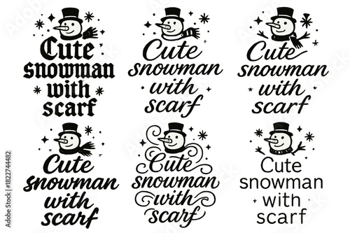 Elegant Snowman Calligraphy. Cute snowman with scarf. Create a calligraphy lettering illustration of the